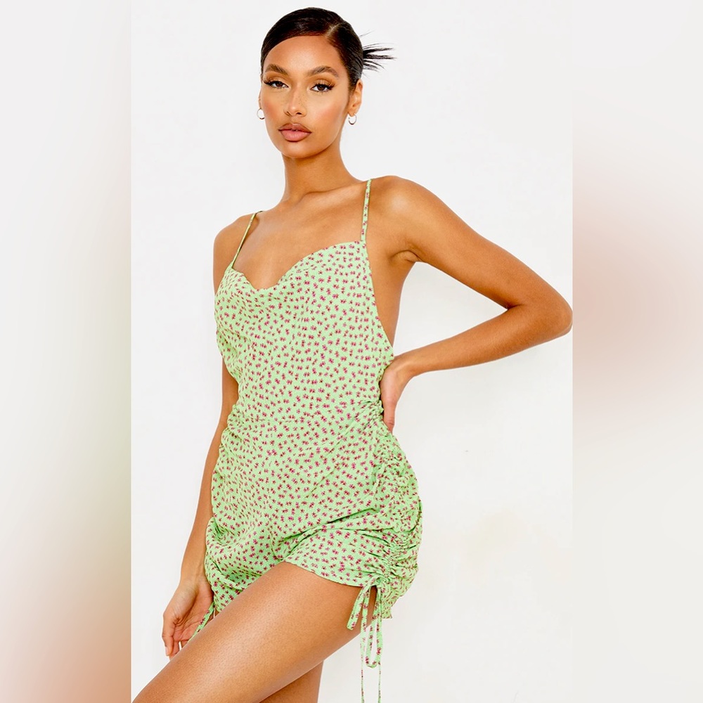 Green Ditsy Floral Ruched Cowl Neck Romper